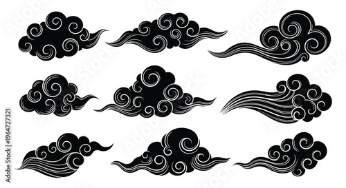A collection of stylized swirling black clouds presented in a decorative arrangement reminiscent of east asian art silhouette high quality professional