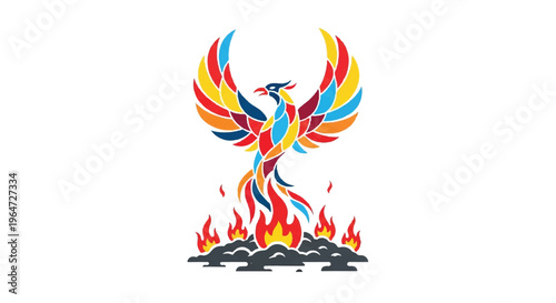 Colorful phoenix rising from flames vector illustration