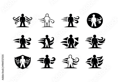 An individual standing firm against a strong wind, unfazed. Icon set. Set Logo of an individual standing firm against a strong wind, unfazed: calm person amid