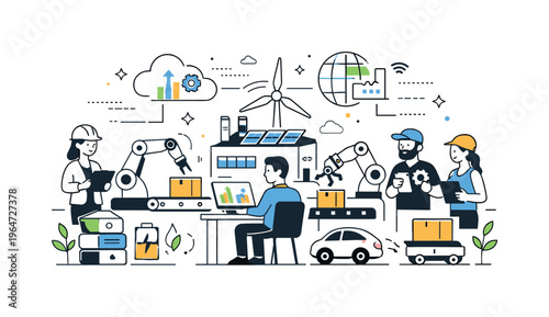 Future smart factory ecosystem. Machines, robots, people, and data platforms forming a balanced industrial system. An optimistic editorial illustration about