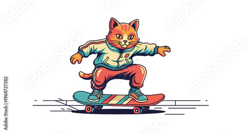 Cartoon cat skateboarding on white background illustration