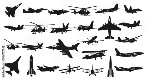 A collection of various military and civilian aircraft depicted in stark black silhouettes against a white background silhouette high quality professional
