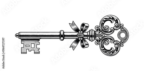 A baroque skeleton key with richly detailed engraved bow and decorative flourishes, isolated in minimal composition, black and white halftone illustration,