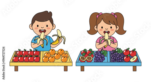 Two cheerful children enjoy bananas while surrounded by a colorful array of fruits on display silhouette high quality professional detailed modern