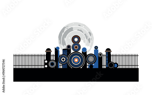 moonlit iron barrier scene with layered circles cylinders and geometric shapes, black and white iron barrier silhouetted against glowing moon with collage