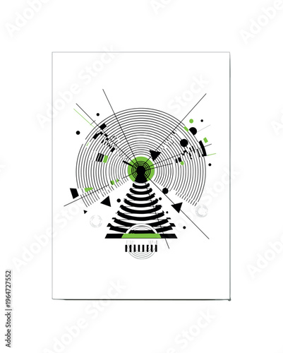 distorted vintage radio waves with geometric disruption, monochrome wave arcs broken by triangles and circular fragments, glitch lines intersecting