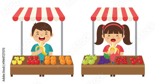 Two children happily stand behind market stalls filled with vibrant fruits displaying a playful silhouette high quality professional detailed modern elegant