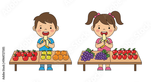 Two happy children enjoy eating bananas in front of colorful fruit displays a charming silhouette high quality professional detailed modern elegant