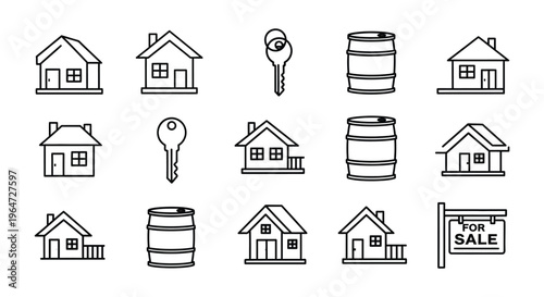 A collection of black linear icons depicting houses keys barrels and a for sale sign silhouette high quality professional detailed