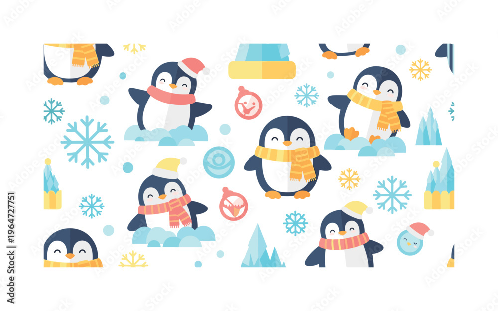 Fototapeta premium penguins and winter snow icons seamless pattern, repeating pattern, surface design, textile print, soft color palette, modern illustration, flat vector