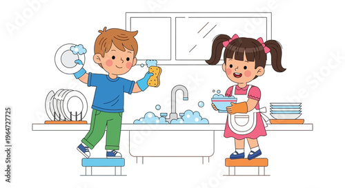 Two children happily helping with household chores washing dishes at the kitchen sink a charming silhouette high quality professional detailed modern