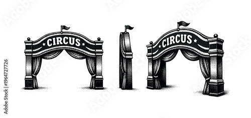 Big top entrance arch A realistic circus tent entrance arch with curved frame and layered trim details, presented in three views such as straight-on front
