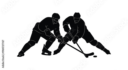 Two ice hockey players in action dynamically competing for the puck on a white background silhouette high quality professional detailed