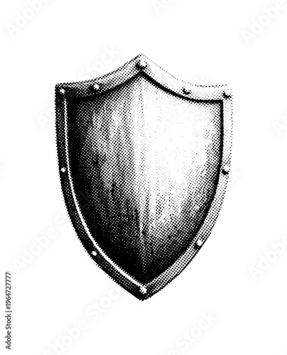 An embossed antique shield with refined engraving and uneven vintage patina, shown alone with slight cropping, black and white halftone illustration, halftone