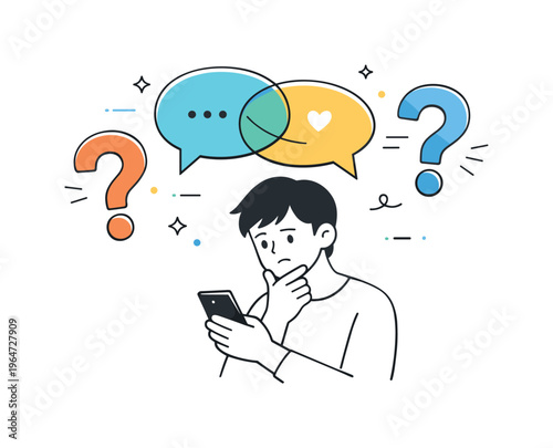 Mental health chatbot misunderstanding. User reading an ambiguous chatbot response, thoughtful and slightly confused posture. Visual metaphor of