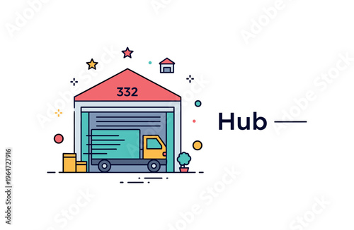Logistics hub badge with a warehouse icon, delivery truck, and subtle ?Hub? label conveying efficiency, connection, and supply chain management. Minimalist