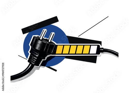 Close-up black-and-white power plug enlarged as main object, cable transforming into a horizontal battery progress bar filling from left to right in bold