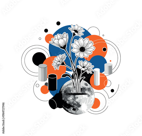 surreal moon flower dreamscape with layered circles cylinders and geometric shapes, black and white oversized moon with giant flowers growing from it in