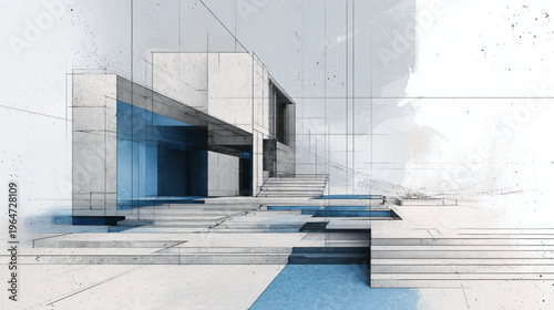 Modern Abstract Architectural Blueprint With Staircase And Blue Accents For Design Concepts
