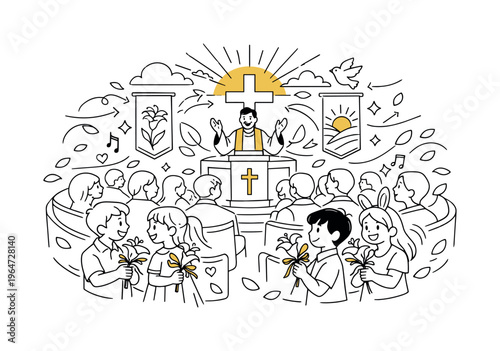 Easter Celebration at Church. A lively interior scene with a congregation gathered, children holding small