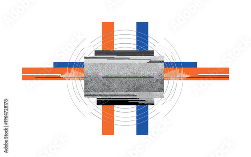 distorted analog media noise with glitch stripes, monochrome static surface intersected by thick color bands in orange and blue, circular wave forms and linear