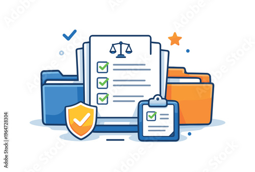 Legal paperwork management illustrated through a stacked set of documents with simple checkmarks and folders, communicating order, compliance and efficient