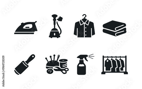 Clothing Maintenance. Filled icon set of Clothing Maintenance: steam iron, garment steamer, shirt on hanger,