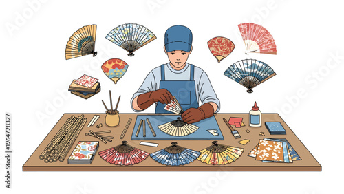 Artisan crafting Japanese fans: The artisan delicately crafts Japanese fans, showcasing intricate techniques, artistry, and the meticulous process of traditional craftsmanship.