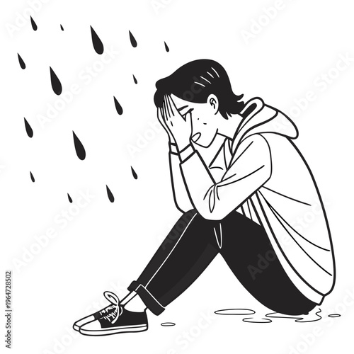A woman crying and sitting on the ground in rain depressed