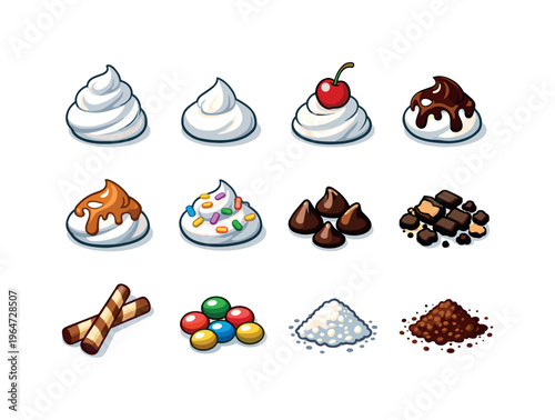 Whipped Cream Toppings. Colorful isometric vector icons set of Whipped Cream Toppings: whipped cream swirl, whipped cream peak, cherry on whipped cream,