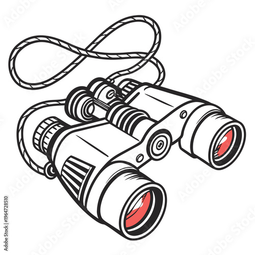 Binoculars with red lenses and rope on white background cartoon