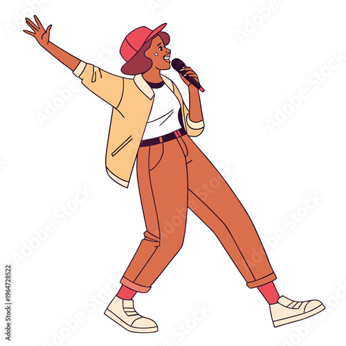 Woman singing with a microphone and dynamic pose casual clothes sneakers