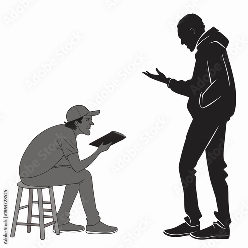 Man and woman in different poses with tablet and gesturing man standing woman sitting