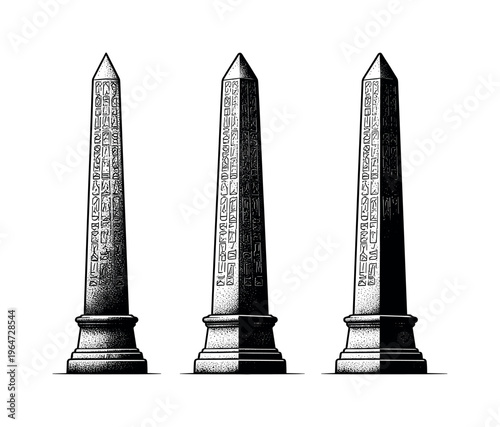 Obelisk side view ? An ancient obelisk presented as one object in three side-oriented views, emphasizing profile silhouette, vertical alignment, and mass