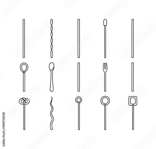 Reusable Beverage Stirrers. Minimalistic set one-line drawing stainless steel stirrer, twisted metal stirrer, acrylic clear stirrer, silicone tip stirrer, loop