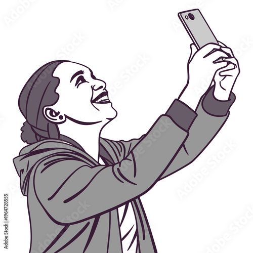 Woman taking selfie with smartphone and smiling happy