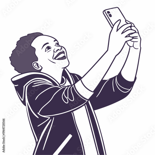 Man taking selfie with smartphone and smiling happy