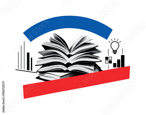 Black and white stack of open books fanned outward, bold deep blue arc wrapping around the upper composition, sharp red diagonal block slicing across the lower