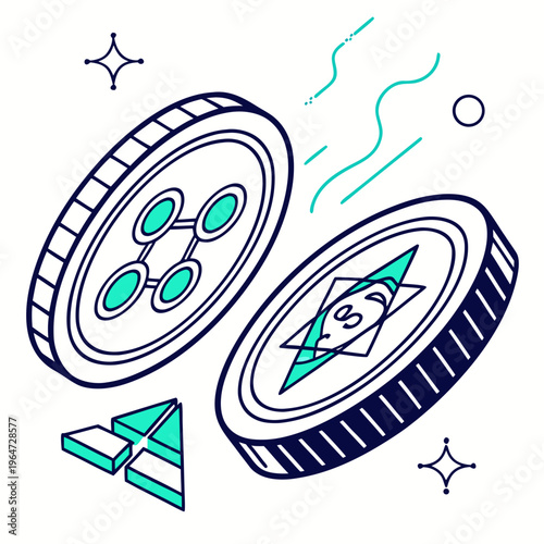 Cryptocurrency coins with dollar and molecular symbols