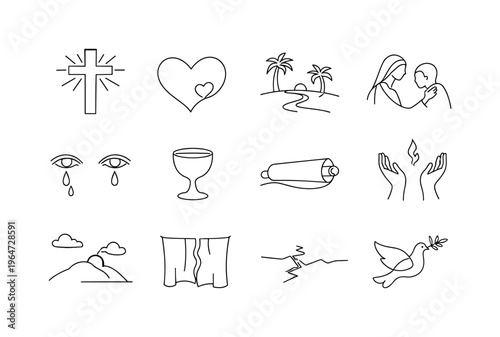 Seven Last Sayings Symbolism. Minimalistic set one-line drawing cross with light rays, heart symbol of forgiveness, paradise garden outline, mother and