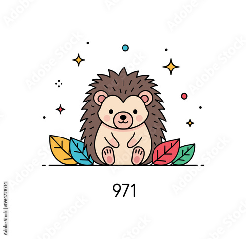 Mini cozy hedgehog adorable tiny hedgehog sitting in colorful autumn leaves with subtle sparkles and tiny decorative accents enhancing the whimsical scene.