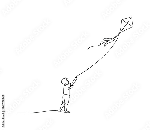 Minimalist Kite Flying. "Kite Flying". Minimalistic one-line drawing child holding string while kite soars
