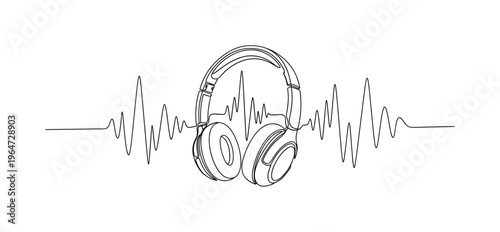 Minimal Headphones with Music Waves. Minimalistic one-line drawing over-ear headphones with flowing sound waves surrounding them, continuous single black line