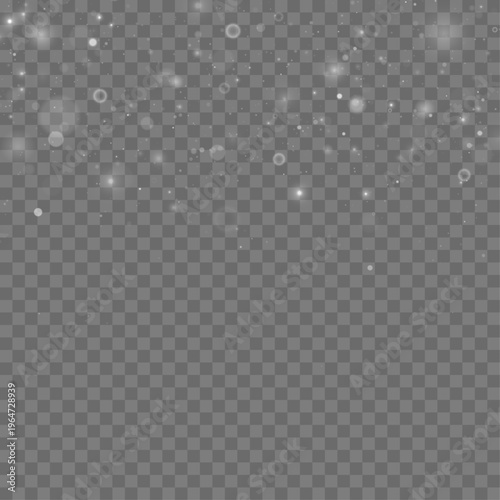 Shimmering silver dust sparkles softly on a transparent dark background. Light particles create dreamy highlights. Ideal for magical or winter themes.