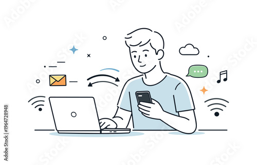 Wireless communication. A person using a smartphone and laptop connected via wireless signals, expressing ease of everyday digital interaction. The mood is