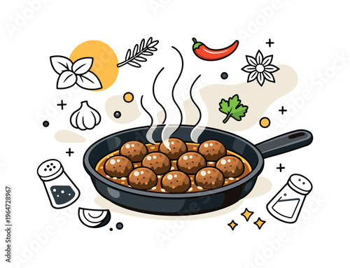 Meatballs cooking. Round meatballs simmering in a pan, gentle steam lines rising, simple herbs and spice icons floating around. Warm, comforting kitchen moment