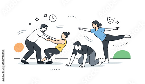 Stage movement practice. Performers rehearsing physical theater exercises in a studio space. Focused training atmosphere with soft abstract accents. Minimalist