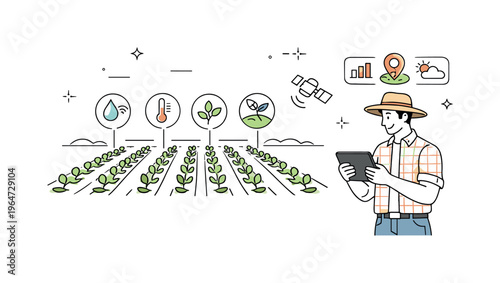 Precision farming systems. A farmer reviewing data on a tablet while crops are arranged in clean rows with sensor icons above them. A calm editorial scene