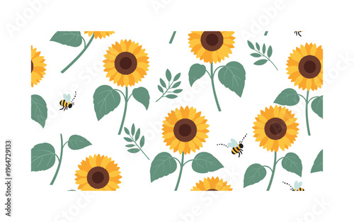 cute sunflowers and bees seamless pattern, repeating pattern, surface design, textile print, soft color palette, modern illustration, flat vector playful