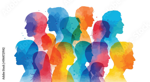 Diverse group of people represented as colorful watercolor silhouettes